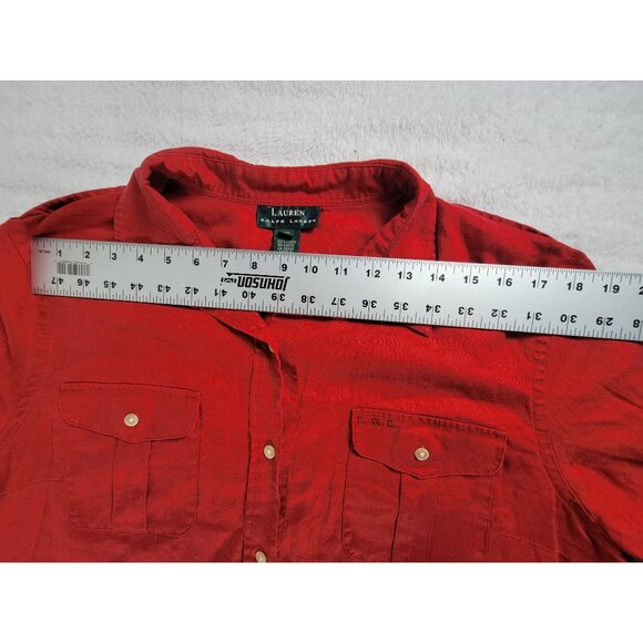 Lauren Ralph Lauren Women Red Linen Button-Up Shirt 1X Long Sleeve Casual Pocket - Picture 5 of 7